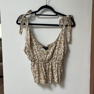 FOREVER 21 Tan/Ivory Floral Tie Shoulder Woven Top,Small,NWT